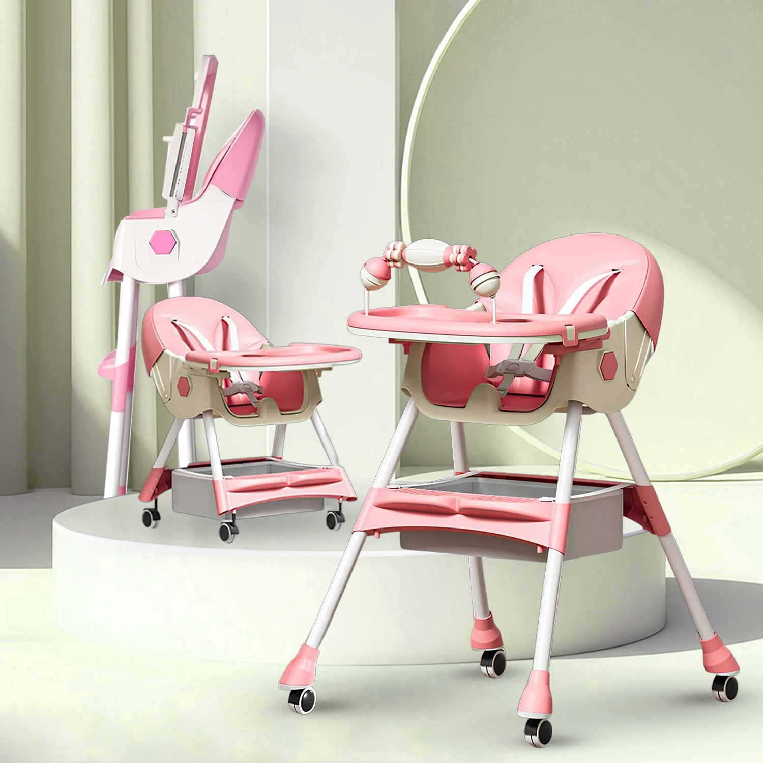 3-In-1 Foldable Baby Highchairs with Double-Layer Dinner Plate and Toy Rack,Anti-Slip Pad Easy-to-Clean Feeding Eat & Play Convertible Dining Chairs For 6 Months Plus Baby