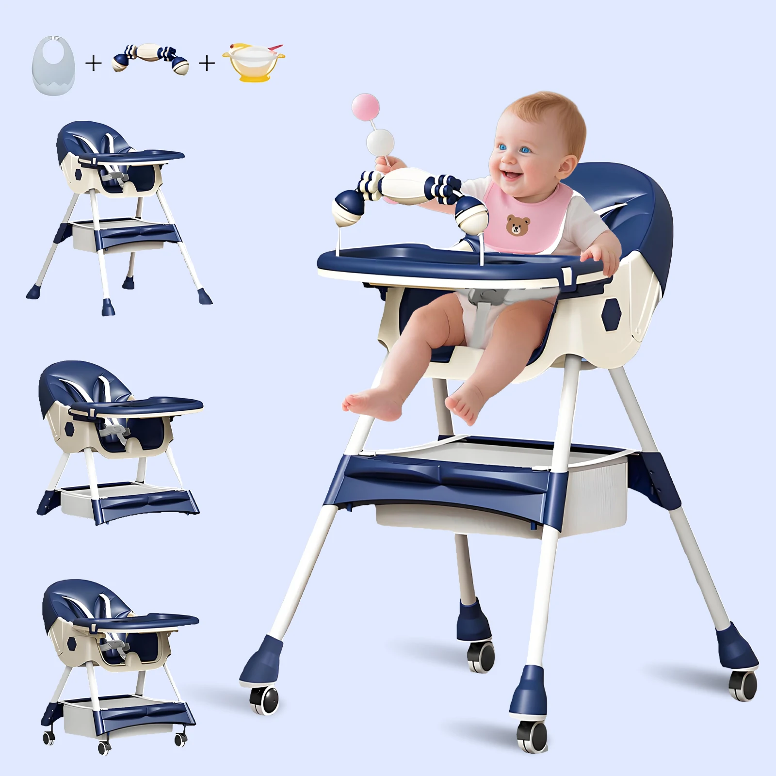 3-In-1 Foldable Baby Highchairs with Double-Layer Dinner Plate and Toy Rack,Anti-Slip Pad Easy-to-Clean Feeding Eat & Play Convertible Dining Chairs For 6 Months Plus Baby