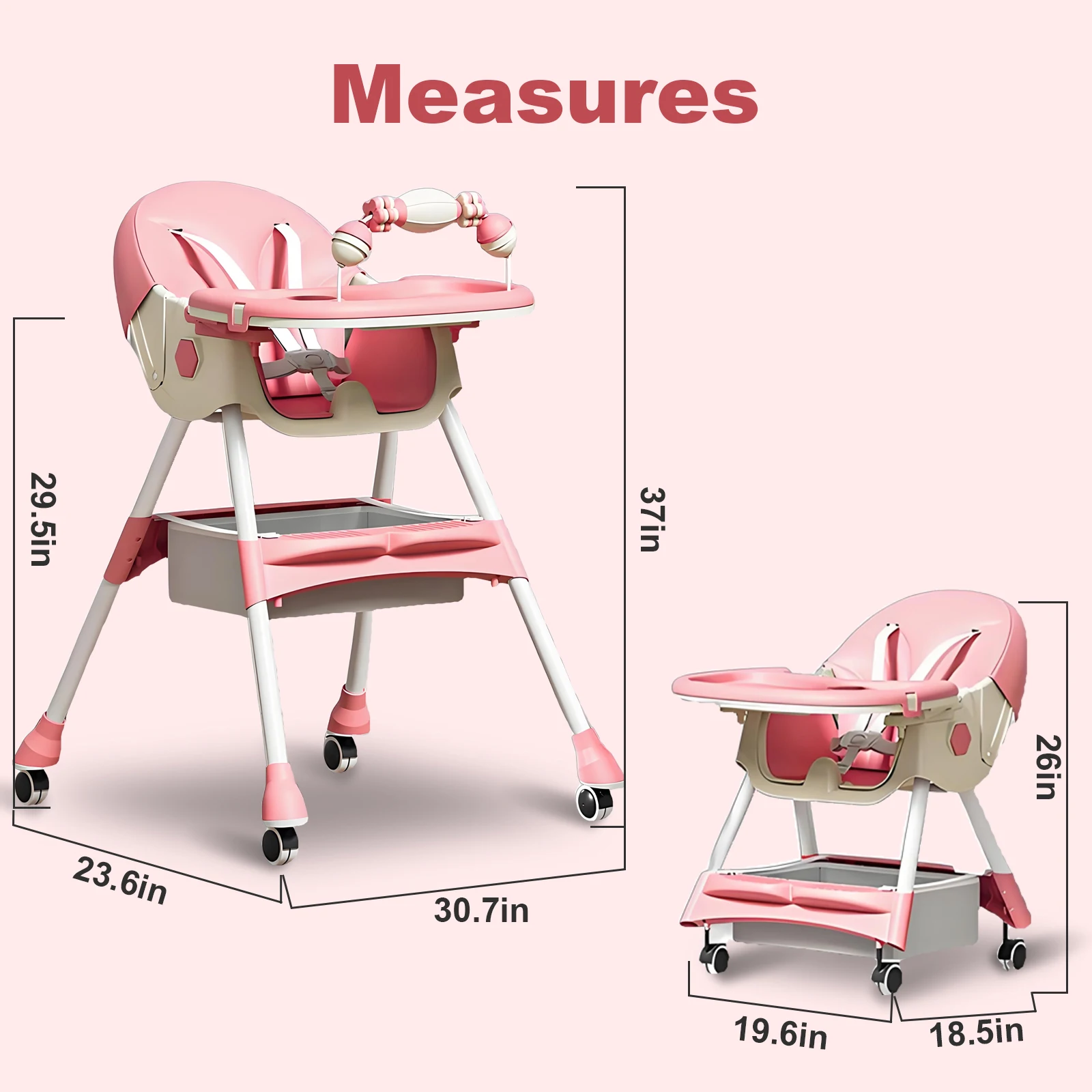 3-In-1 Foldable Baby Highchairs with Double-Layer Dinner Plate and Toy Rack,Anti-Slip Pad Easy-to-Clean Feeding Eat & Play Convertible Dining Chairs For 6 Months Plus Baby