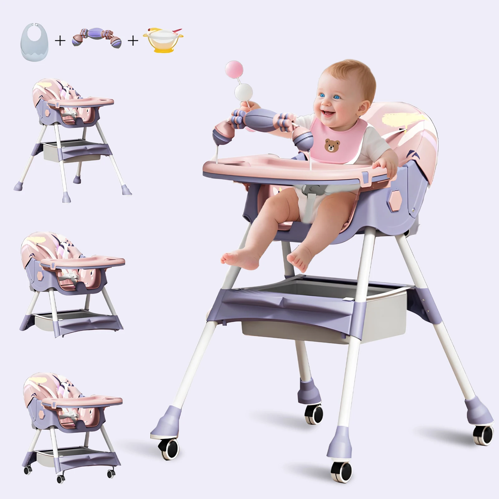 3-In-1 Foldable Baby Highchairs with Double-Layer Dinner Plate and Toy Rack,Anti-Slip Pad Easy-to-Clean Feeding Eat & Play Convertible Dining Chairs For 6 Months Plus Baby