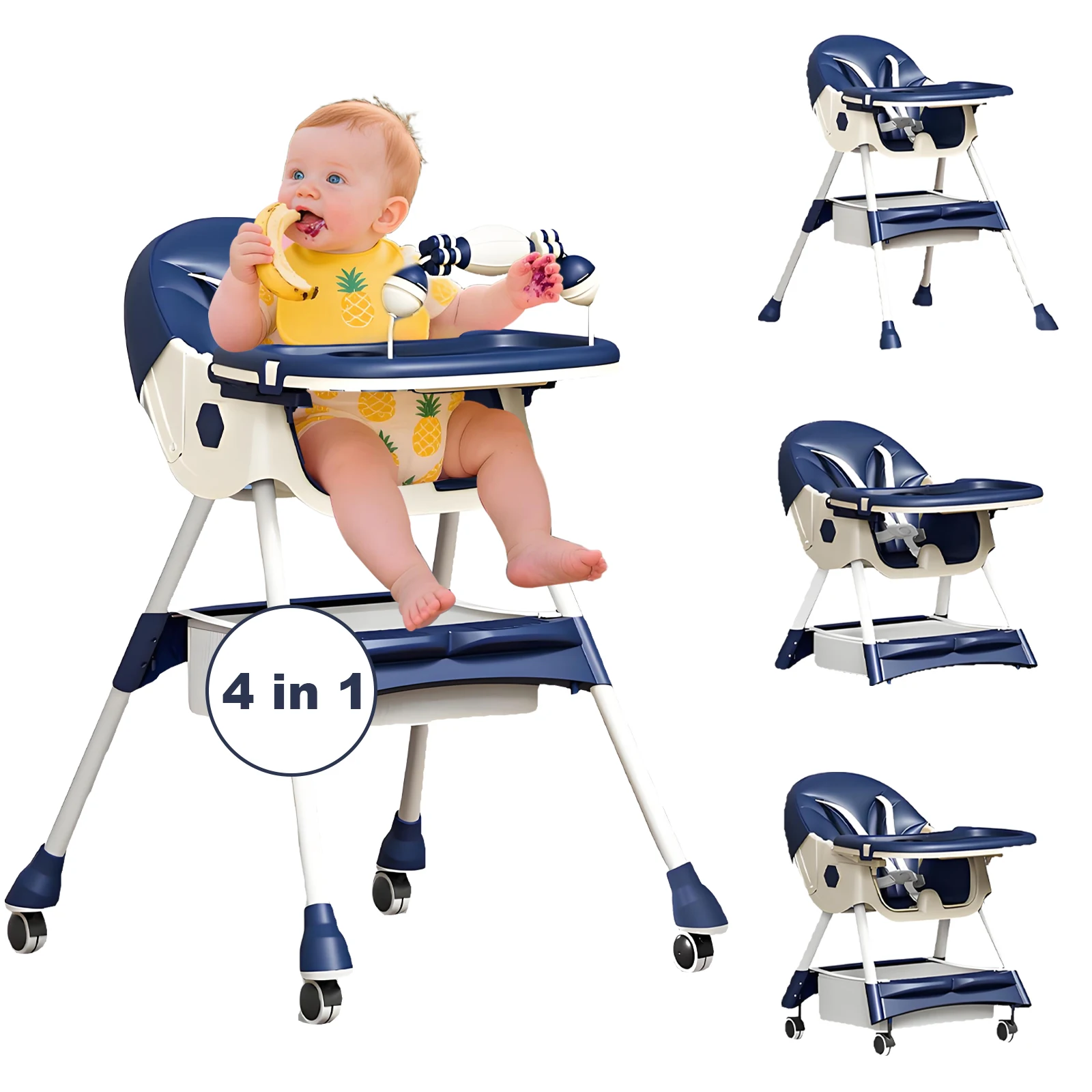 3-In-1 Foldable Baby Highchairs with Double-Layer Dinner Plate and Toy Rack,Anti-Slip Pad Easy-to-Clean Feeding Eat & Play Convertible Dining Chairs For 6 Months Plus Baby