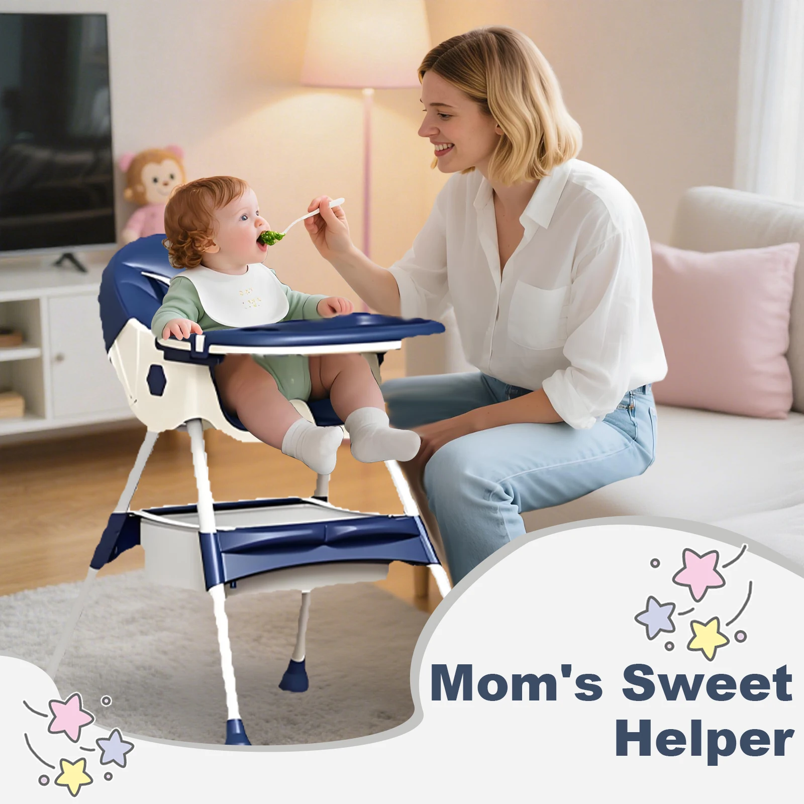 3-In-1 Foldable Baby Highchairs with Double-Layer Dinner Plate and Toy Rack,Anti-Slip Pad Easy-to-Clean Feeding Eat & Play Convertible Dining Chairs For 6 Months Plus Baby