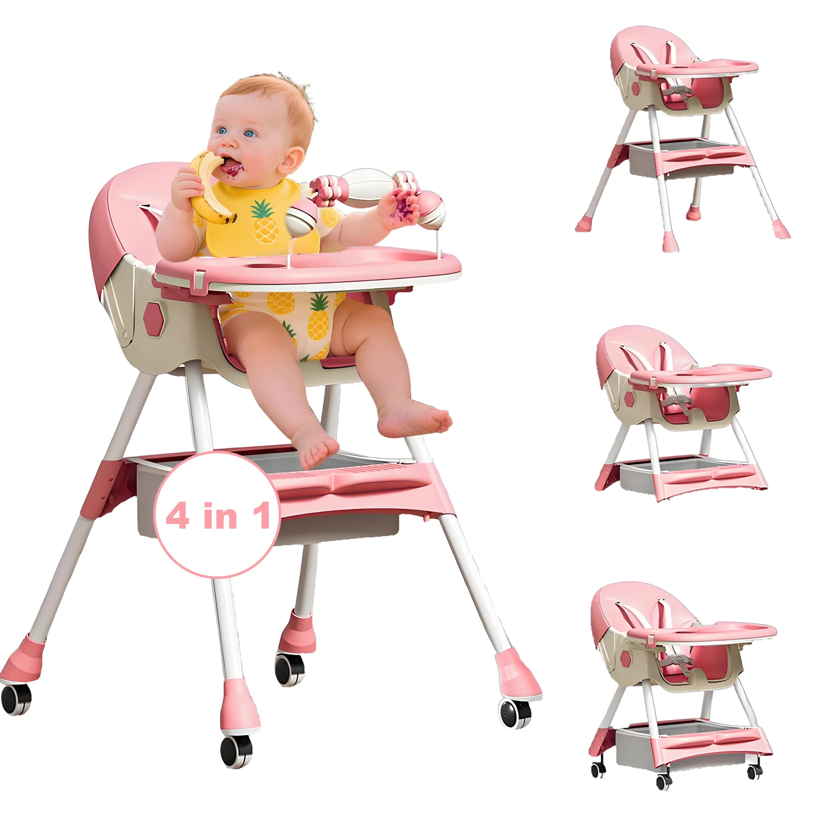 3-In-1 Foldable Baby Highchairs with Double-Layer Dinner Plate and Toy Rack,Anti-Slip Pad Easy-to-Clean Feeding Eat & Play Convertible Dining Chairs For 6 Months Plus Baby