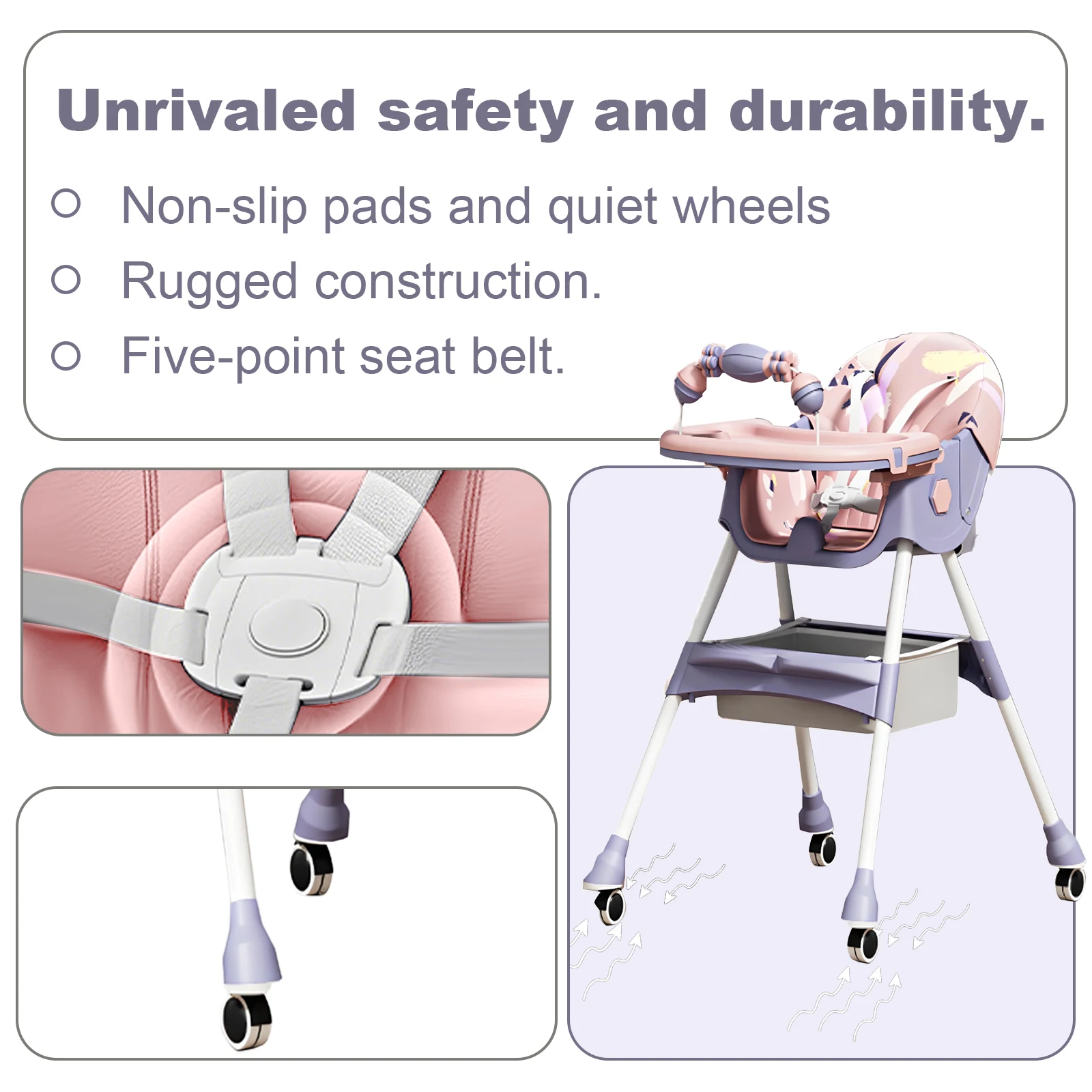 3-In-1 Foldable Baby Highchairs with Double-Layer Dinner Plate and Toy Rack,Anti-Slip Pad Easy-to-Clean Feeding Eat & Play Convertible Dining Chairs For 6 Months Plus Baby
