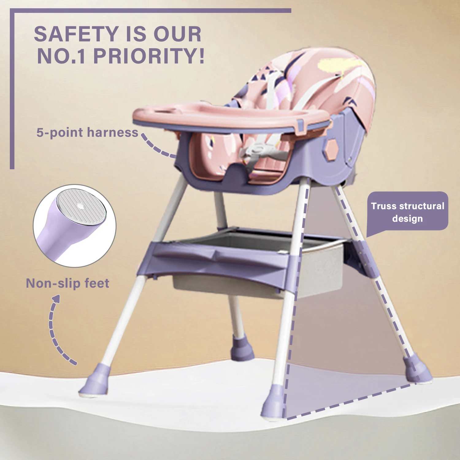 3-In-1 Foldable Baby Highchairs with Double-Layer Dinner Plate and Toy Rack,Anti-Slip Pad Easy-to-Clean Feeding Eat & Play Convertible Dining Chairs For 6 Months Plus Baby