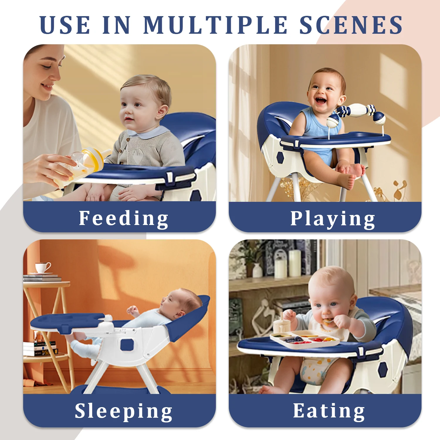 3-In-1 Foldable Baby Highchairs with Double-Layer Dinner Plate and Toy Rack,Anti-Slip Pad Easy-to-Clean Feeding Eat & Play Convertible Dining Chairs For 6 Months Plus Baby