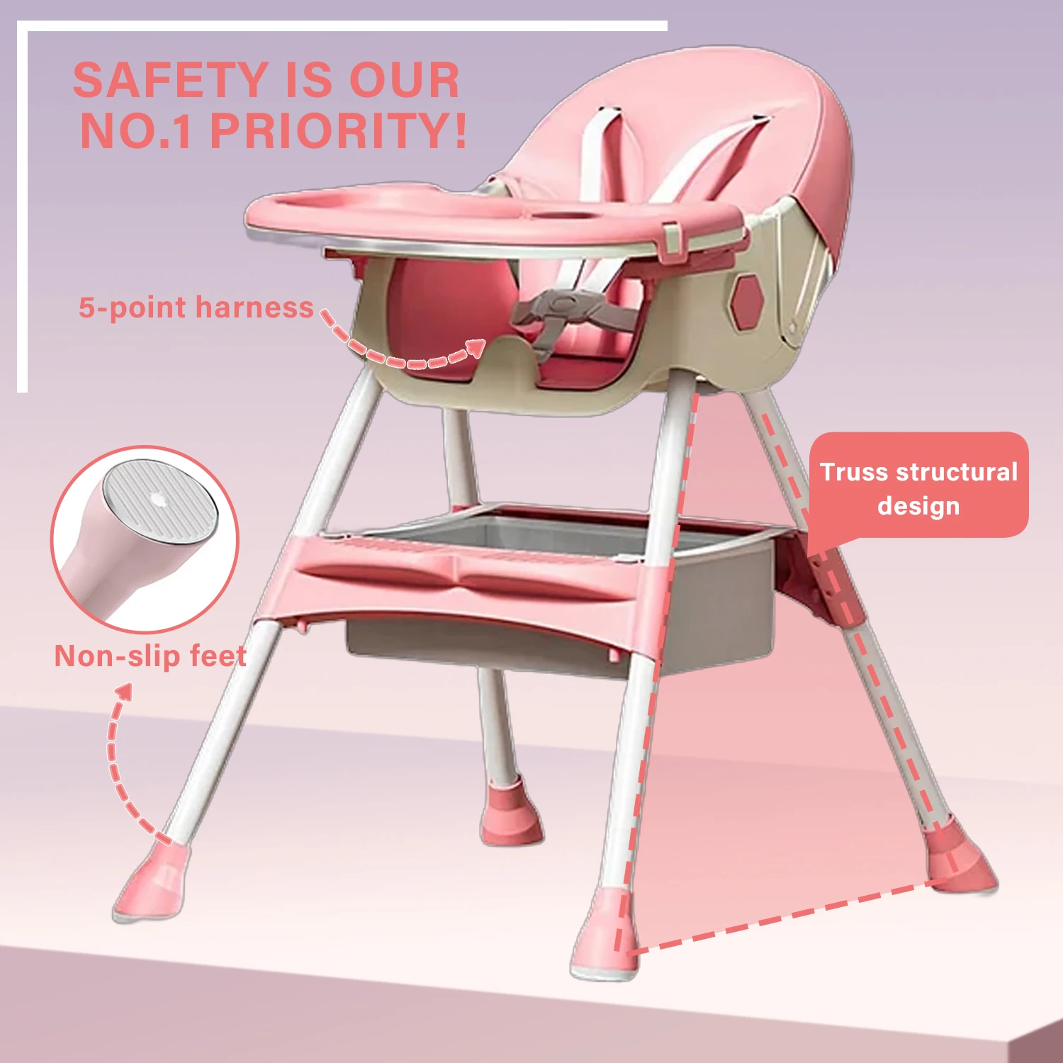 3-In-1 Foldable Baby Highchairs with Double-Layer Dinner Plate and Toy Rack,Anti-Slip Pad Easy-to-Clean Feeding Eat & Play Convertible Dining Chairs For 6 Months Plus Baby