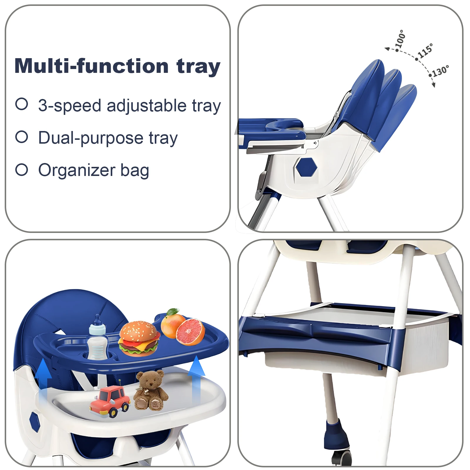 3-In-1 Foldable Baby Highchairs with Double-Layer Dinner Plate and Toy Rack,Anti-Slip Pad Easy-to-Clean Feeding Eat & Play Convertible Dining Chairs For 6 Months Plus Baby