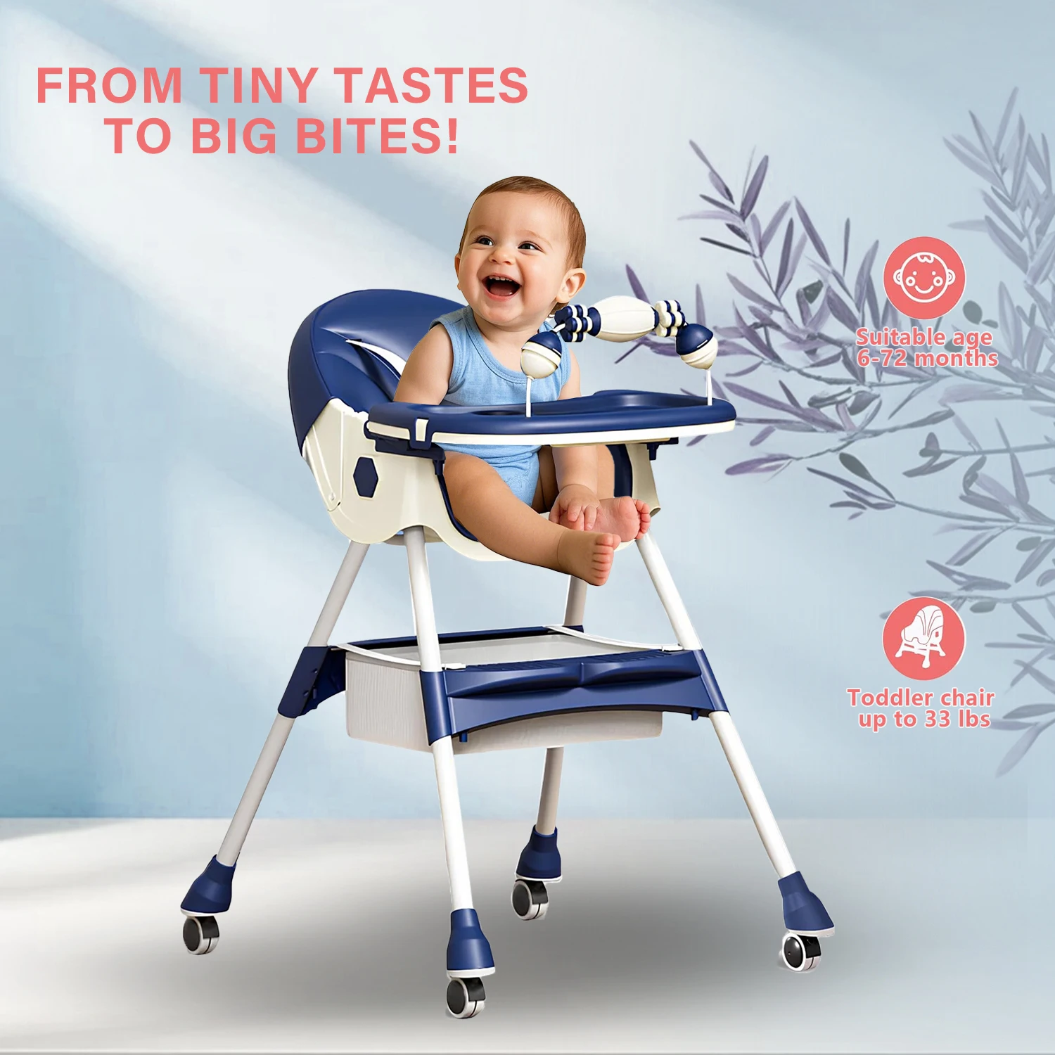 3-In-1 Foldable Baby Highchairs with Double-Layer Dinner Plate and Toy Rack,Anti-Slip Pad Easy-to-Clean Feeding Eat & Play Convertible Dining Chairs For 6 Months Plus Baby