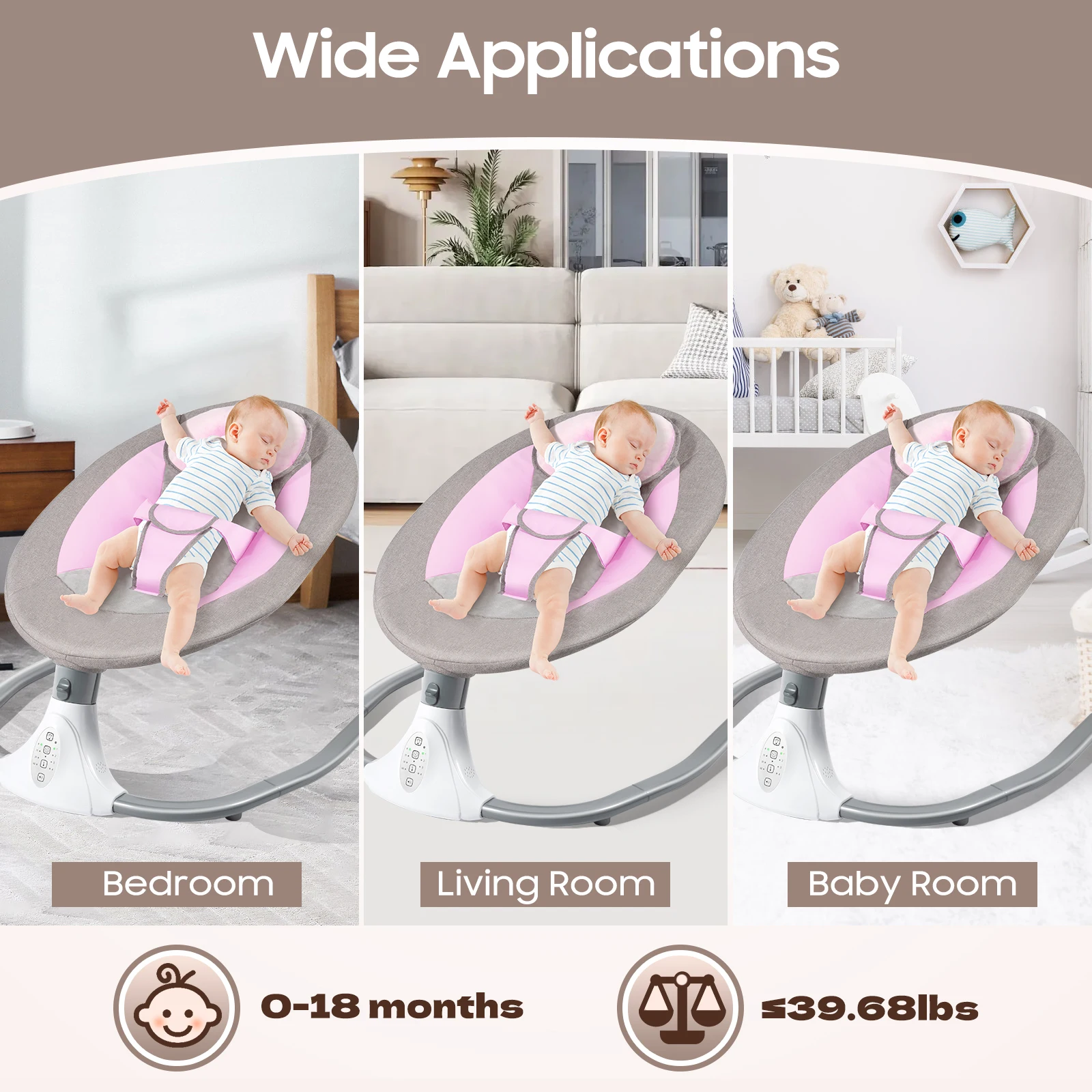 Cradle Infant Rocker Baby Swing 4 Speed Timer 12 Melodies Bluetooth USB 25° Ergonomic Neck Support 3 Point Harness Anti Skid Lock 39.68lbs 0-18 Months Remote 16.4ft Washable Cover Mosquito Net USB Low Voltage Pink for Baby Girls Boys