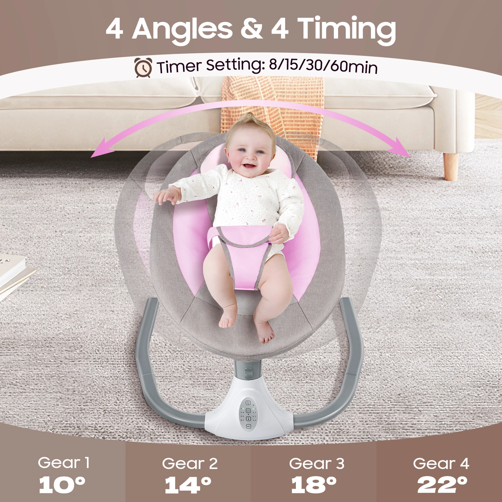Cradle Infant Rocker Baby Swing 4 Speed Timer 12 Melodies Bluetooth USB 25° Ergonomic Neck Support 3 Point Harness Anti Skid Lock 39.68lbs 0-18 Months Remote 16.4ft Washable Cover Mosquito Net USB Low Voltage Pink for Baby Girls Boys
