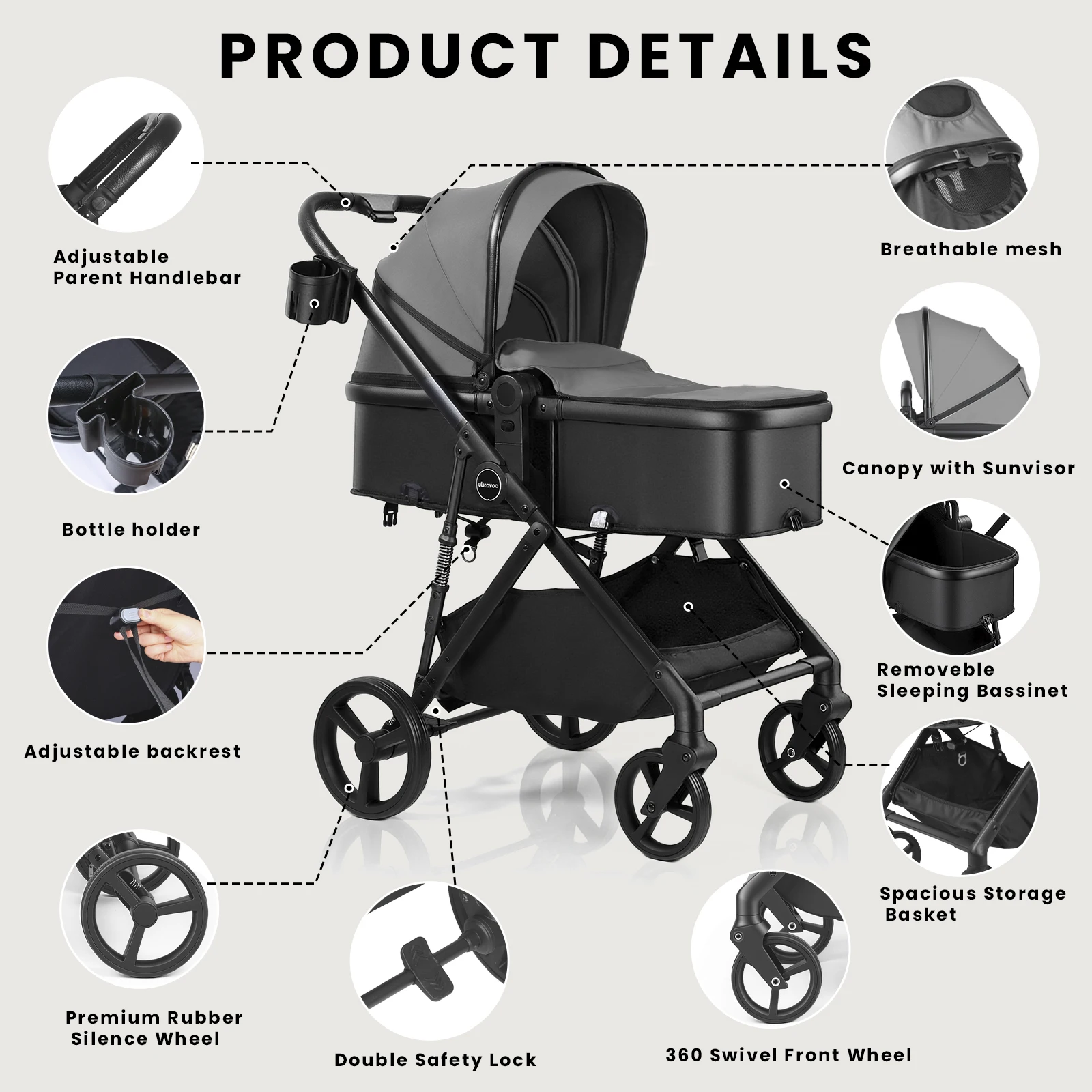 2 in 1 Baby Pushchair Foldable Travel System Pram with Reversible Seat, Adjustable Sun Canopy, Large Storage Basket, Lightweight Baby Stroller for Newborn Toddler 0-36 Months