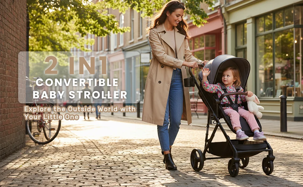 2 in 1 Baby Pushchair Foldable Travel System Pram with Reversible Seat, Adjustable Sun Canopy, Large Storage Basket, Lightweight Baby Stroller for Newborn Toddler 0-36 Months
