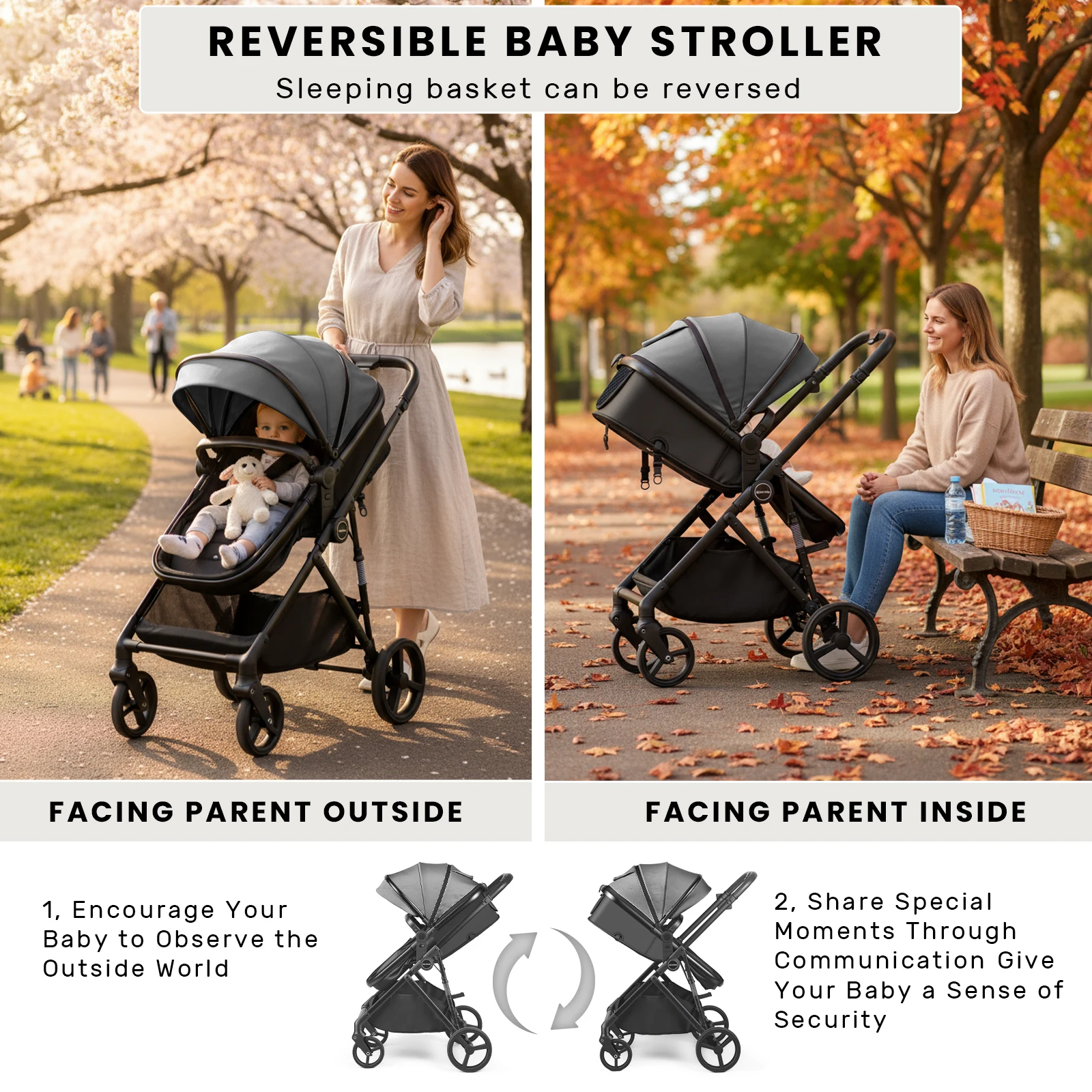 2 in 1 Baby Pushchair Foldable Travel System Pram with Reversible Seat, Adjustable Sun Canopy, Large Storage Basket, Lightweight Baby Stroller for Newborn Toddler 0-36 Months