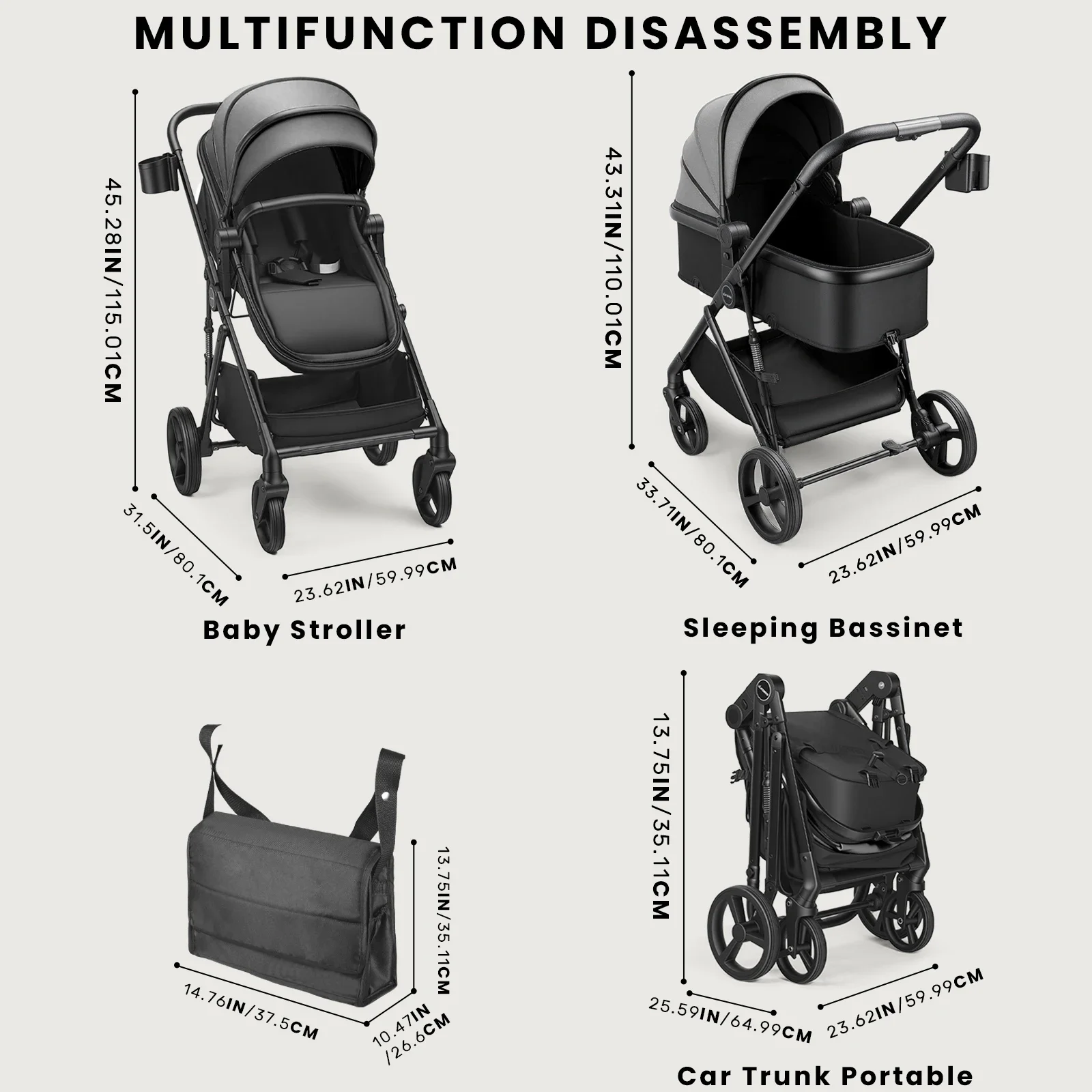 2 in 1 Baby Pushchair Foldable Travel System Pram with Reversible Seat, Adjustable Sun Canopy, Large Storage Basket, Lightweight Baby Stroller for Newborn Toddler 0-36 Months