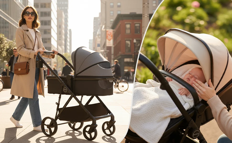 2 in 1 Baby Pushchair Foldable Travel System Pram with Reversible Seat, Adjustable Sun Canopy, Large Storage Basket, Lightweight Baby Stroller for Newborn Toddler 0-36 Months