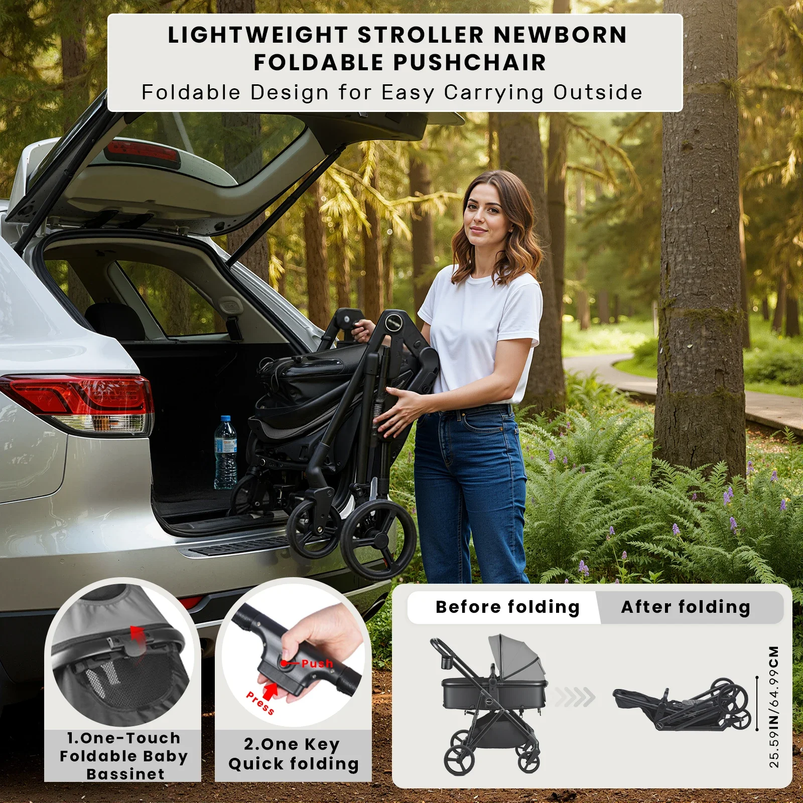 2 in 1 Baby Pushchair Foldable Travel System Pram with Reversible Seat, Adjustable Sun Canopy, Large Storage Basket, Lightweight Baby Stroller for Newborn Toddler 0-36 Months