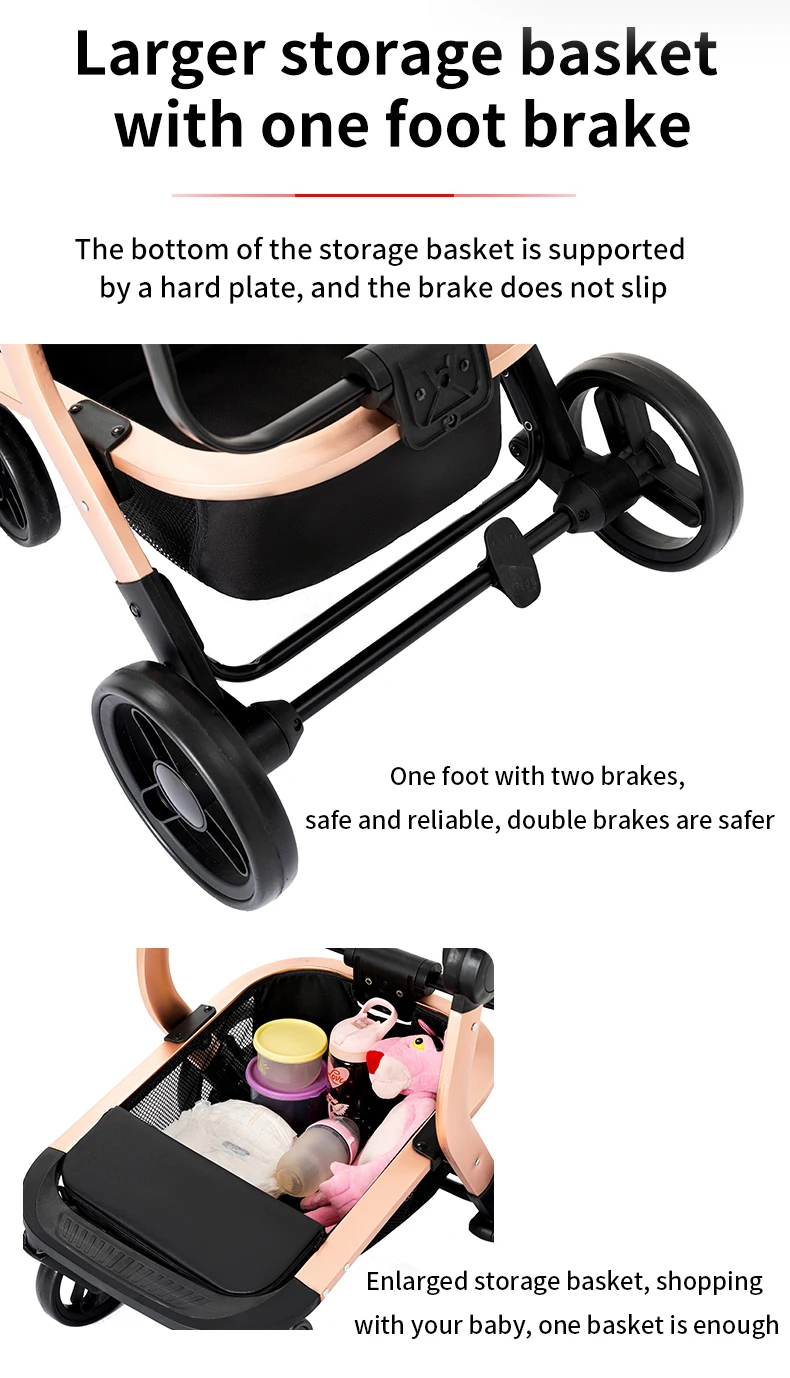 High Landscape Baby Stroller Shock Absorption 3 in 1 Reversible Newborn Carriage Waterproof PU Leather Folding Infant Pram One Foot Brake Large Storage Basket Convertible Sleeping Seat