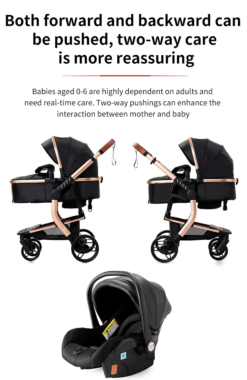 High Landscape Baby Stroller Shock Absorption 3 in 1 Reversible Newborn Carriage Waterproof PU Leather Folding Infant Pram One Foot Brake Large Storage Basket Convertible Sleeping Seat