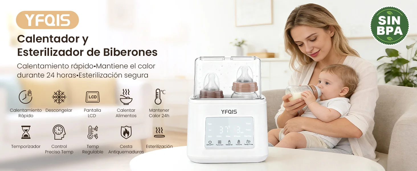 Calienta Biberones Dible 10 in 1, Esterilizador de Biberones, Calentador y descongel de Leche maternal y Comida para Bebe, Control proteco de Temperatura, Pantalla LCD, Temporizador y Apagado Automático,