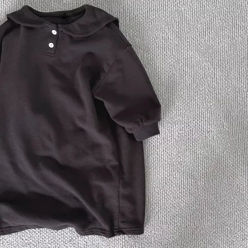 Korean Children's Clothing New Dress Girls Autumn and Winter Casual Loose College Style Lapel Collar Medium and Long Skirt