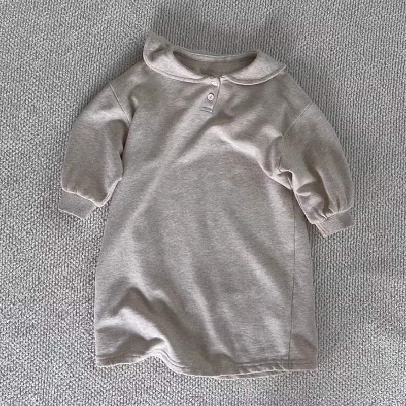 Korean Children's Clothing New Dress Girls Autumn and Winter Casual Loose College Style Lapel Collar Medium and Long Skirt