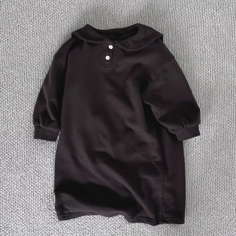 Korean Children's Clothing New Dress Girls Autumn and Winter Casual Loose College Style Lapel Collar Medium and Long Skirt