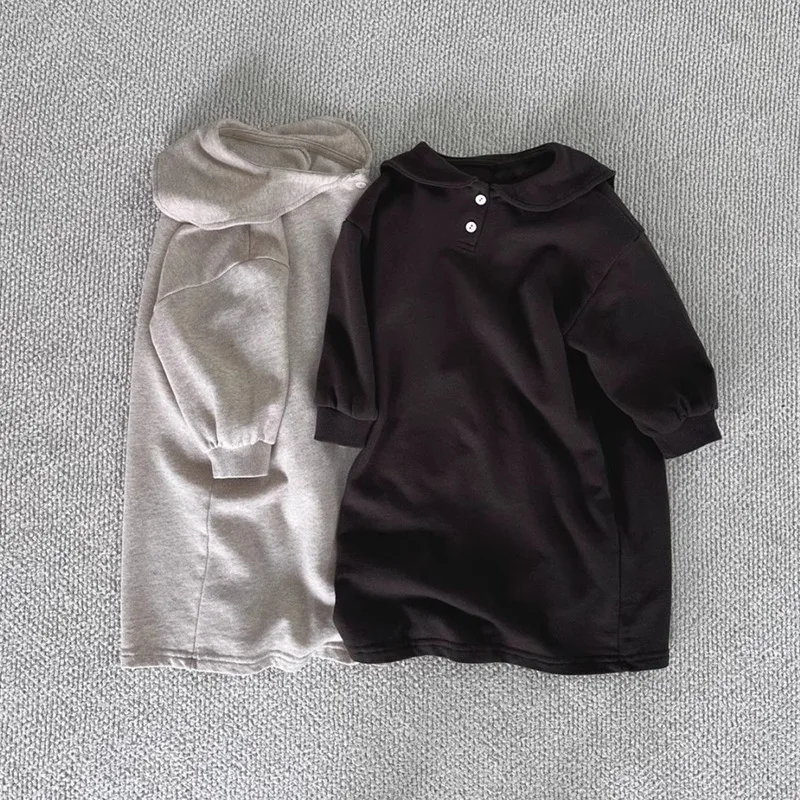 Korean Children's Clothing New Dress Girls Autumn and Winter Casual Loose College Style Lapel Collar Medium and Long Skirt