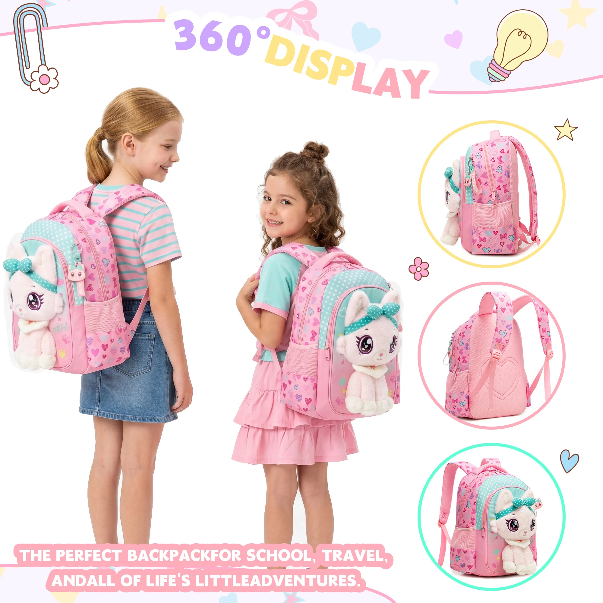 Kids Backpacks for Girls School Backpack with Lunch Bag Pencil Case for Elementary Student 3D Carton Plush Kids Travel School