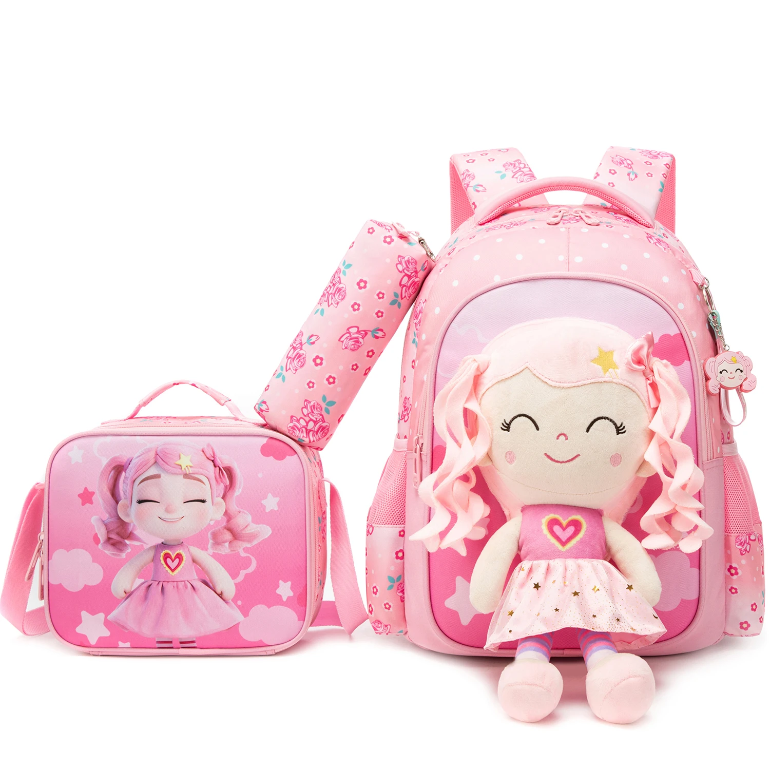 Kids Backpacks for Girls School Backpack with Lunch Bag Pencil Case for Elementary Student 3D Carton Plush Kids Travel School
