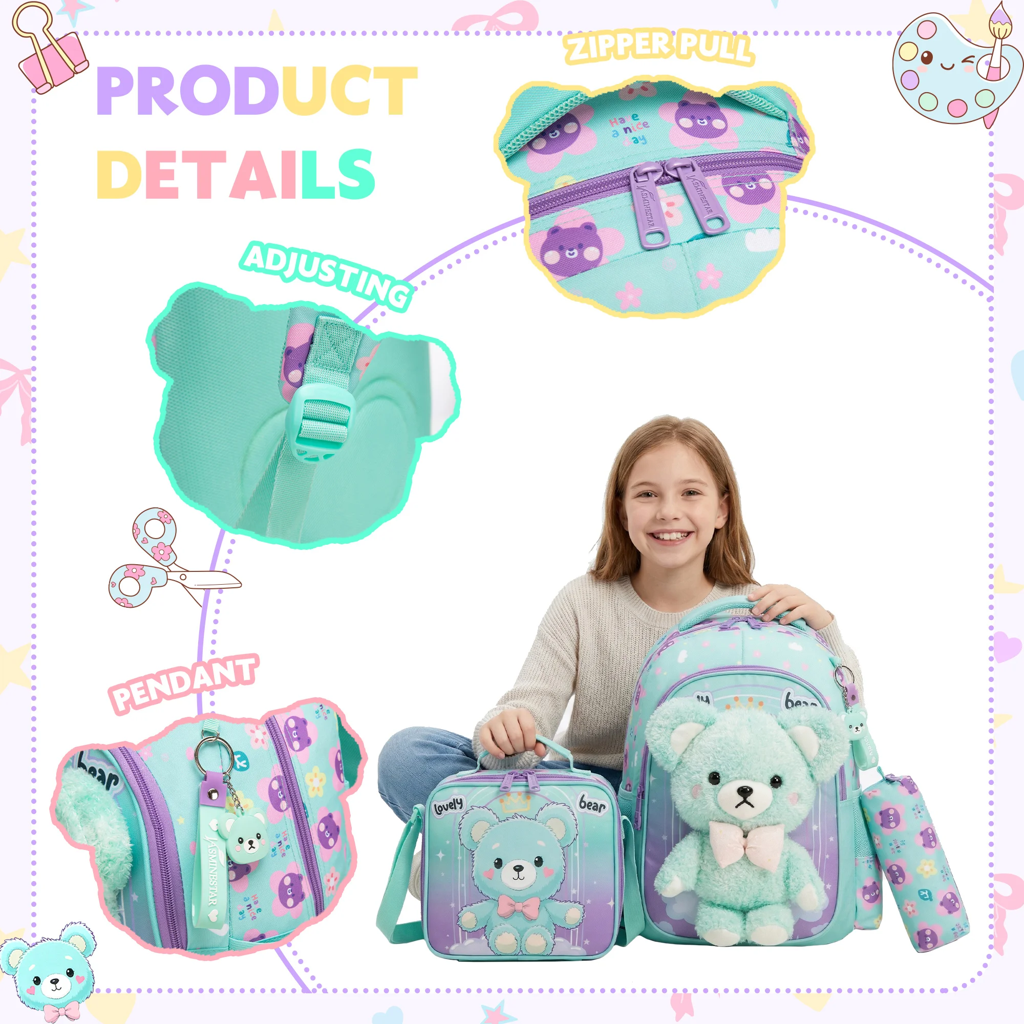 Kids Backpacks for Girls School Backpack with Lunch Bag Pencil Case for Elementary Student 3D Carton Plush Kids Travel School