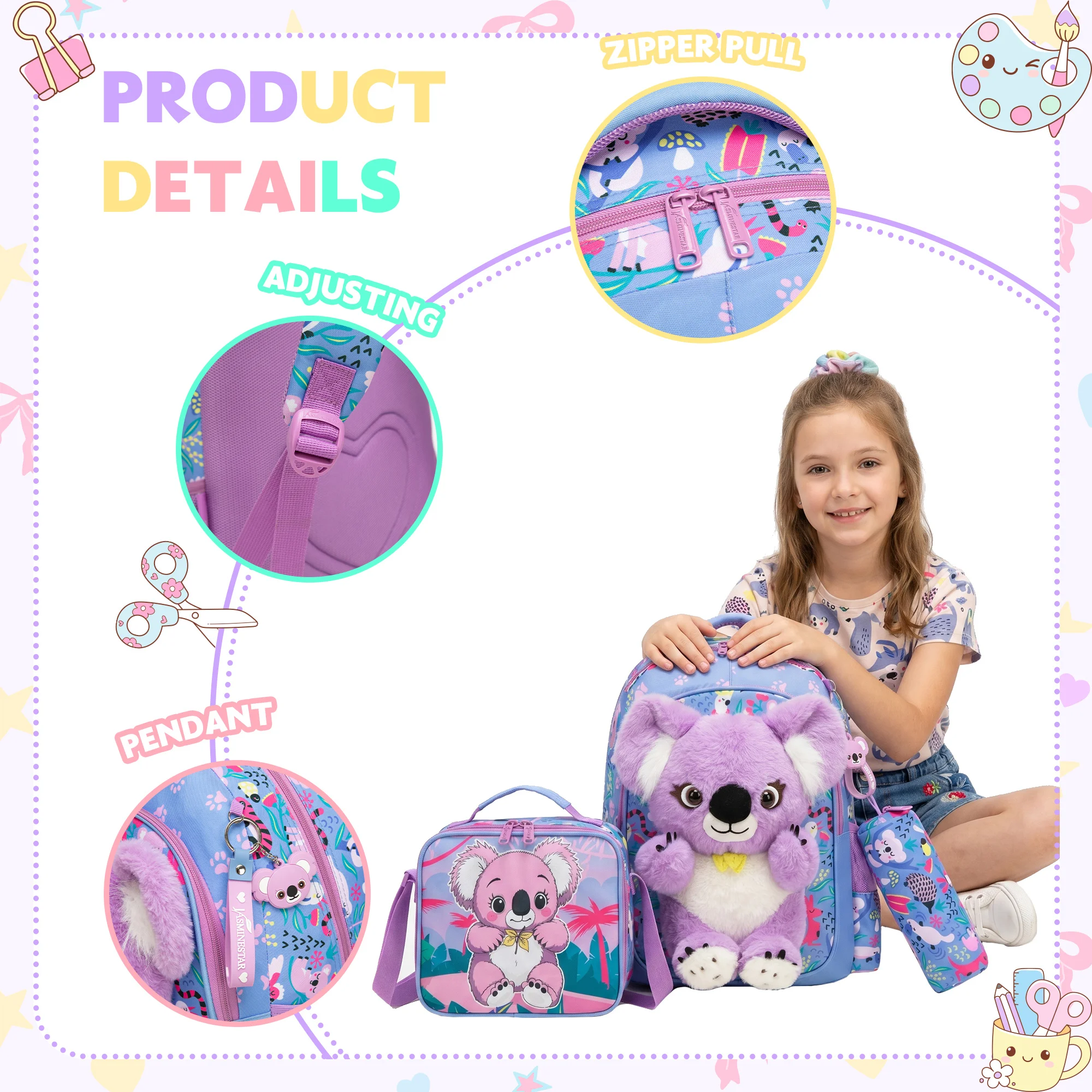 Kids Backpacks for Girls School Backpack with Lunch Bag Pencil Case for Elementary Student 3D Carton Plush Kids Travel School