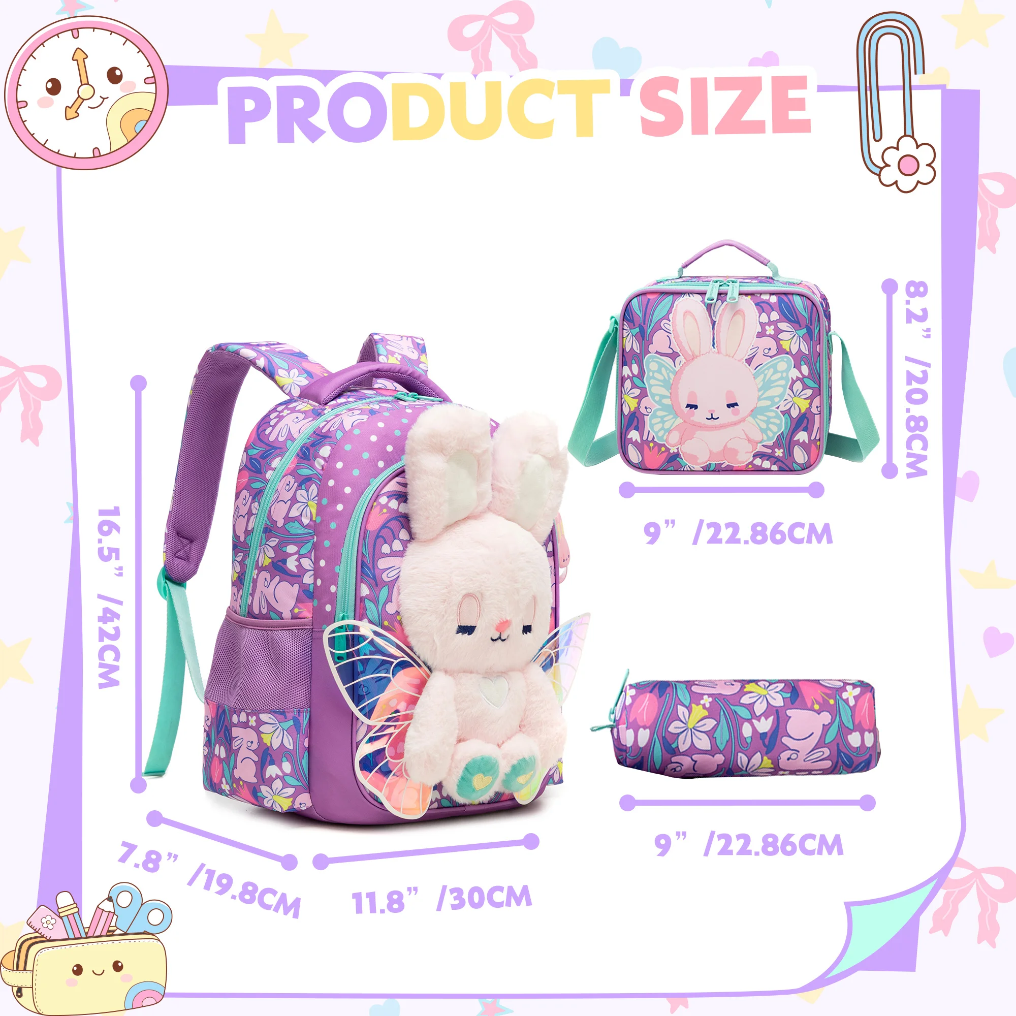Kids Backpacks for Girls School Backpack with Lunch Bag Pencil Case for Elementary Student 3D Carton Plush Kids Travel School