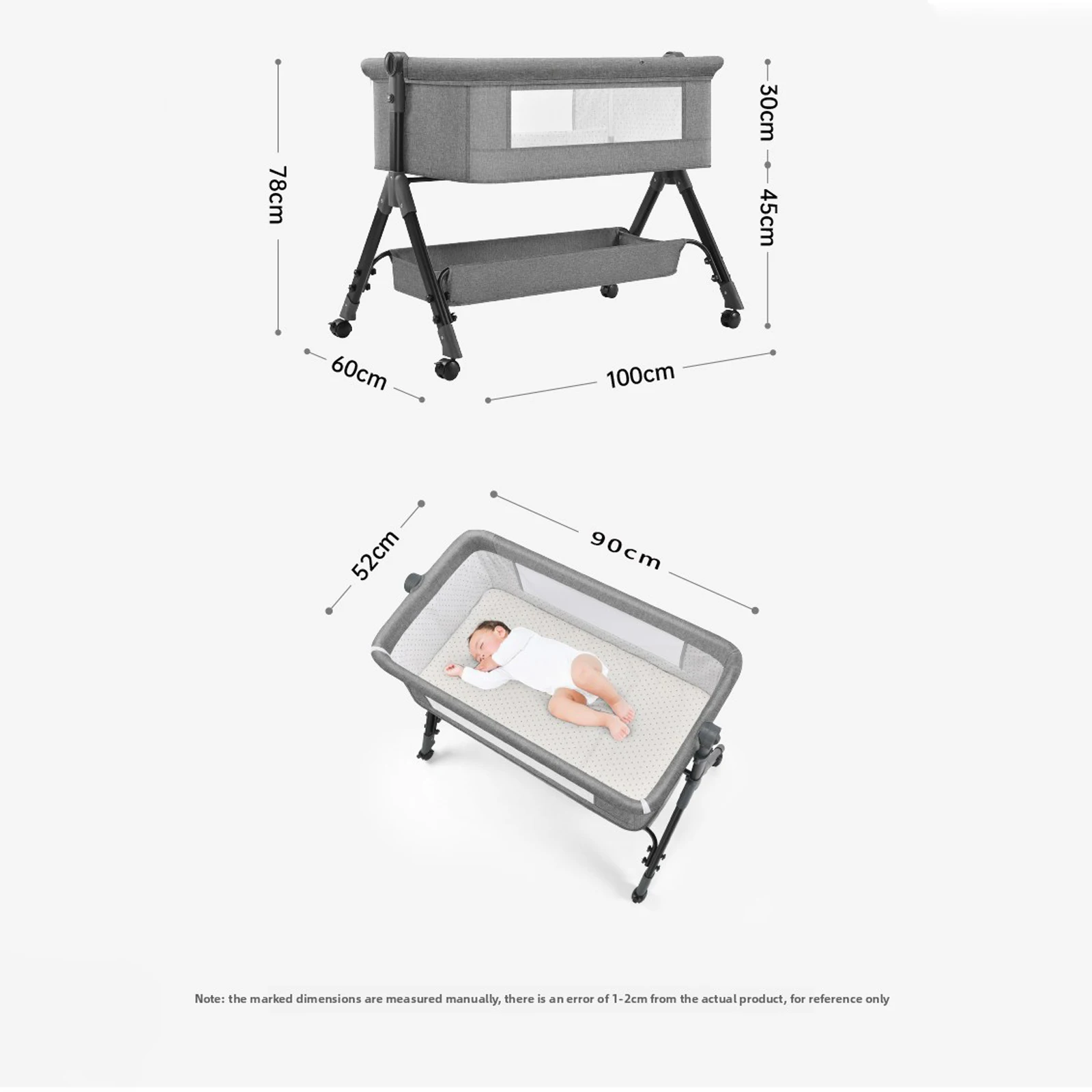 Portable Baby Travel Crib Foldable Rocking Bassinet with Mattress Mosquito Net Lightweight Compact Design Breathable Mesh Storage Basket 360 Degree Locking Wheels Height Adjustable for Newborn Infant Nursery Bedroom and Trips