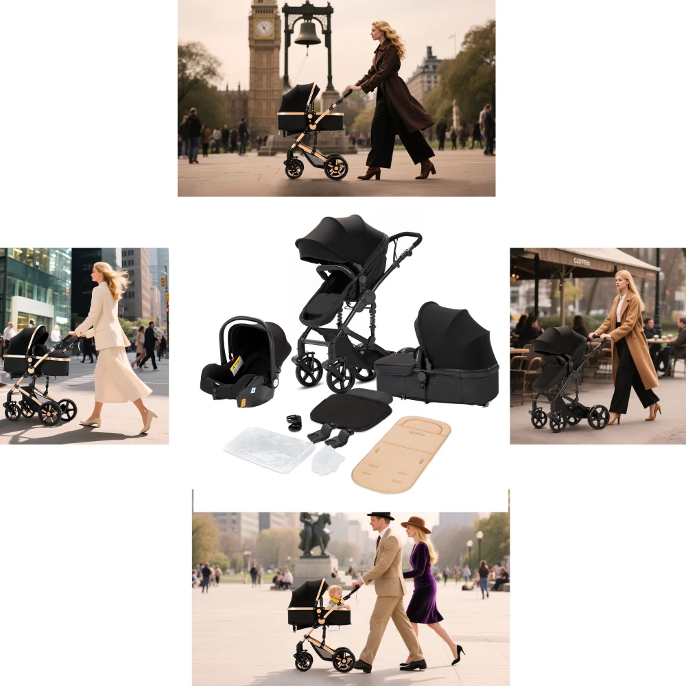 3 in 1 Stroller Multifunctional Car Seat Memory Foam Mattress Storage Bag Lightweight Folding Portable Travel Four Wheel Stroller Fashionable Pushchair Great Choice for Parents Popular Baby Carriage