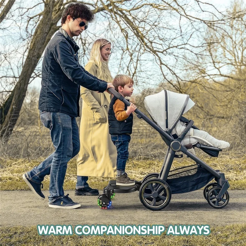 Adjustable Stroller Ride-On Board Universal Buggy Board with Seat Auxiliary Pedal Stand 360° Rotating Flashing Wheels Anti-Slip Buggy Board for 2-6 Years Kids, Max Load 55lbs