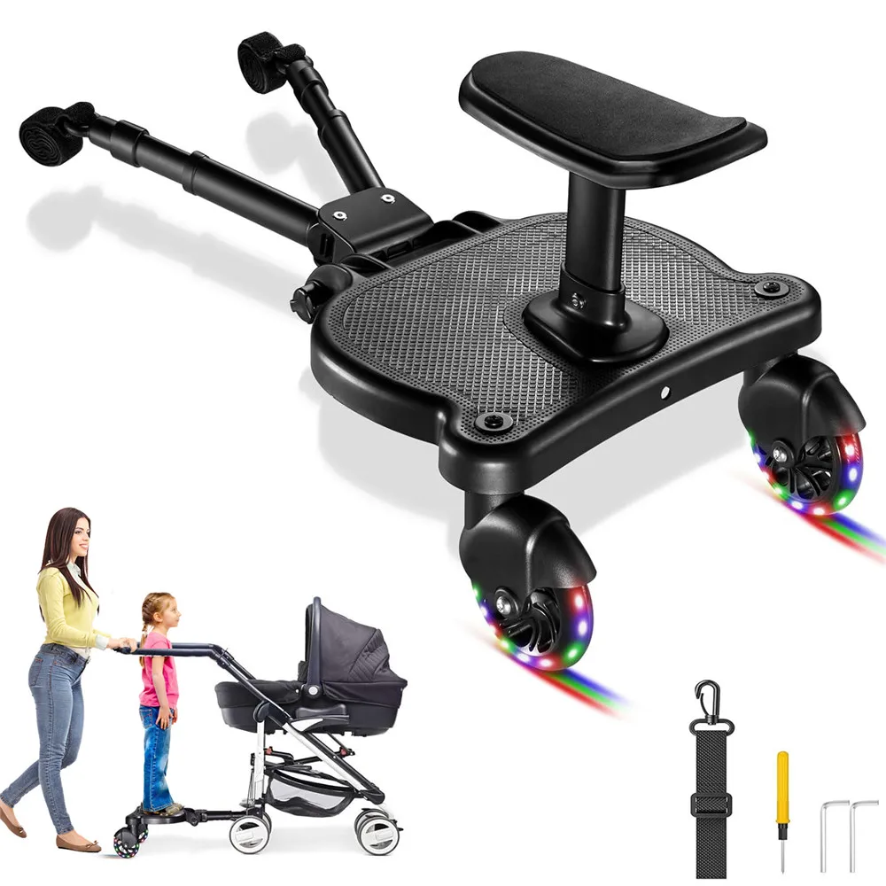 Adjustable Stroller Ride-On Board Universal Buggy Board with Seat Auxiliary Pedal Stand 360° Rotating Flashing Wheels Anti-Slip Buggy Board for 2-6 Years Kids, Max Load 55lbs