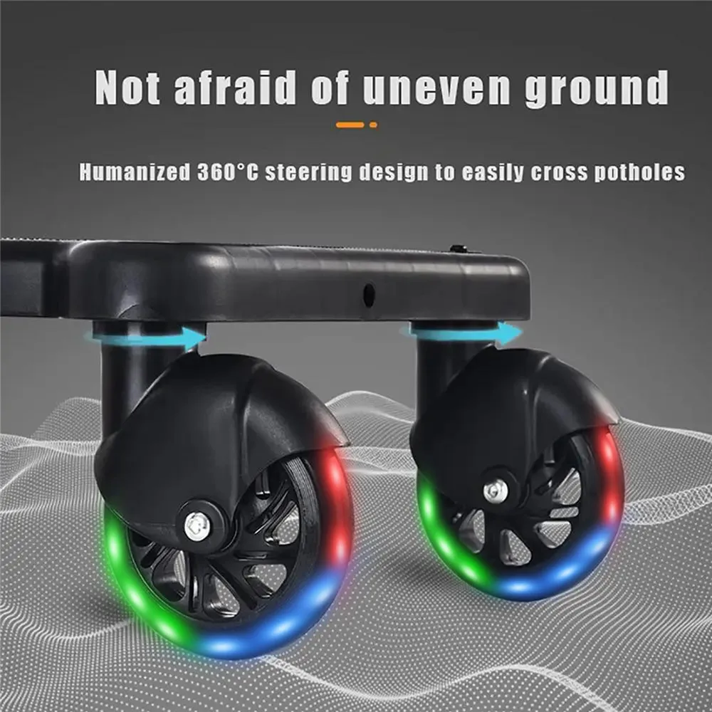 Adjustable Stroller Ride-On Board Universal Buggy Board with Seat Auxiliary Pedal Stand 360° Rotating Flashing Wheels Anti-Slip Buggy Board for 2-6 Years Kids, Max Load 55lbs