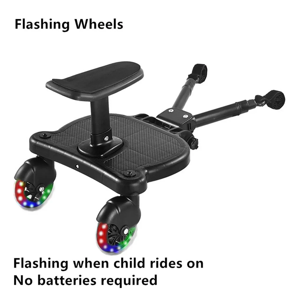 Adjustable Stroller Ride-On Board Universal Buggy Board with Seat Auxiliary Pedal Stand 360° Rotating Flashing Wheels Anti-Slip Buggy Board for 2-6 Years Kids, Max Load 55lbs