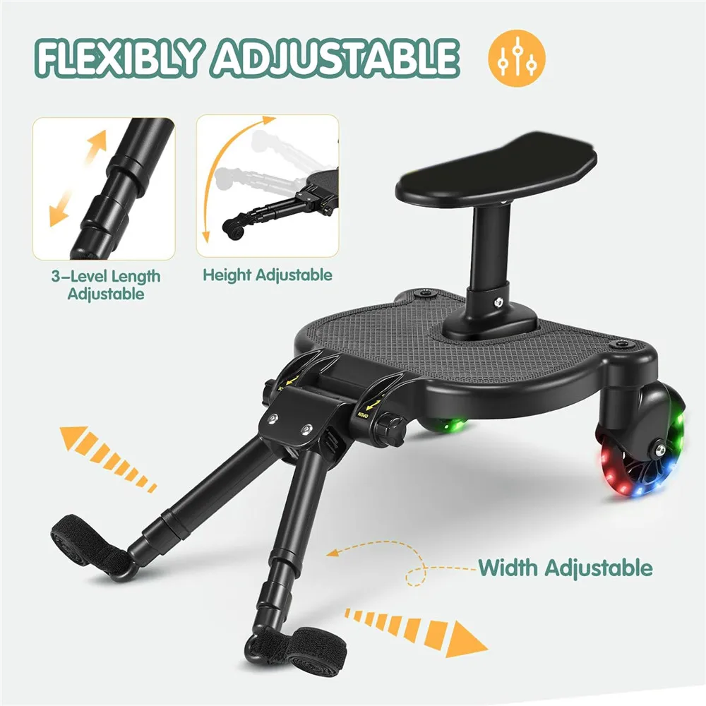 Adjustable Stroller Ride-On Board Universal Buggy Board with Seat Auxiliary Pedal Stand 360° Rotating Flashing Wheels Anti-Slip Buggy Board for 2-6 Years Kids, Max Load 55lbs