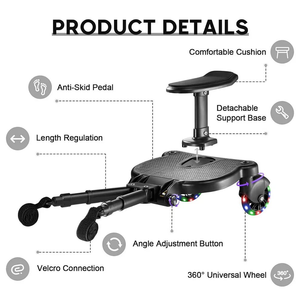 Adjustable Stroller Ride-On Board Universal Buggy Board with Seat Auxiliary Pedal Stand 360° Rotating Flashing Wheels Anti-Slip Buggy Board for 2-6 Years Kids, Max Load 55lbs