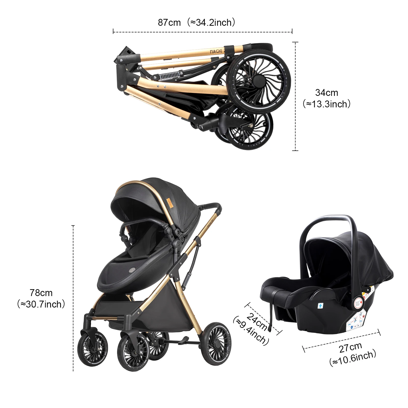 3 in 1 Baby Stroller with Adjustable Canopy Aluminum Frame and Five Point Harness Convertible Baby Stroller Baby Travel System for Newborn to Toddler with Foldable Shock Absorbing Wheels for City Shopping Walks and Family Trips