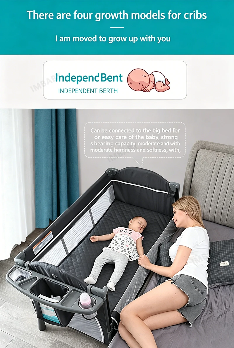 IMBABY Portable Baby Bed with Diaper Table Multifunctional Newborn Bed Kids Cradle Rocker Baby Crib for 0-6 Years Old Child Crib