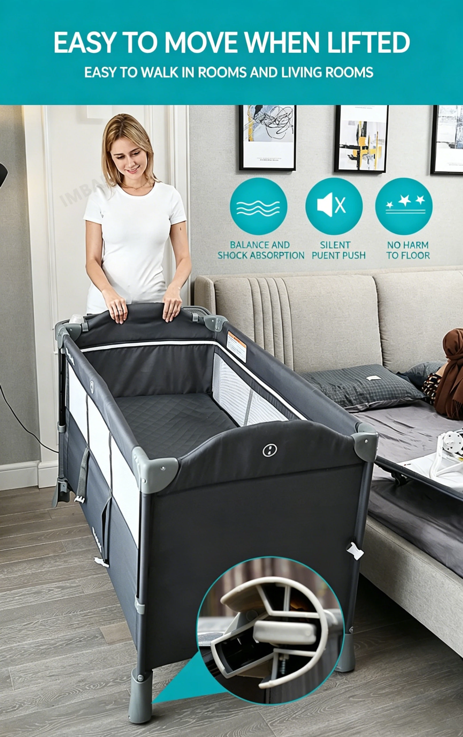 IMBABY Portable Baby Bed with Diaper Table Multifunctional Newborn Bed Kids Cradle Rocker Baby Crib for 0-6 Years Old Child Crib