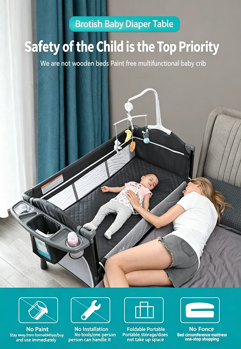 IMBABY Portable Baby Bed with Diaper Table Multifunctional Newborn Bed Kids Cradle Rocker Baby Crib for 0-6 Years Old Child Crib