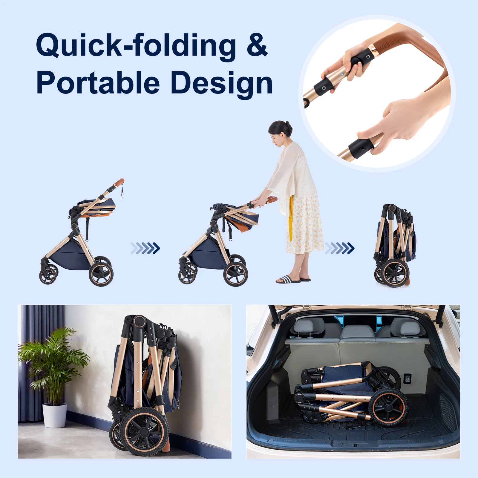 Baby Stroller 3 in 1 Portable Baby Carriage Folding Prams High Landscape Multifunction Pushchair Compact Folding Travel