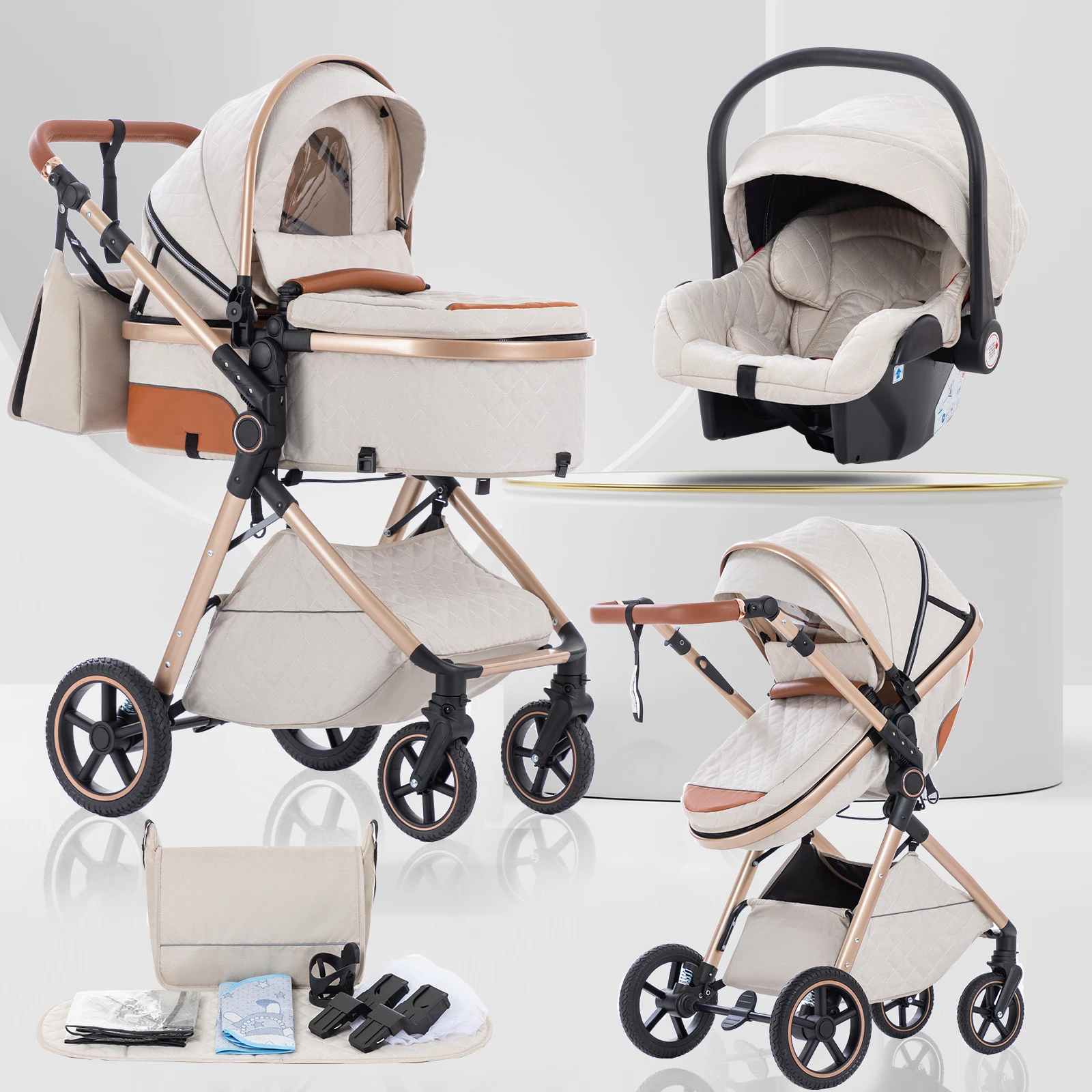 Baby Stroller 3 in 1 Portable Baby Carriage Folding Prams High Landscape Multifunction Pushchair Compact Folding Travel