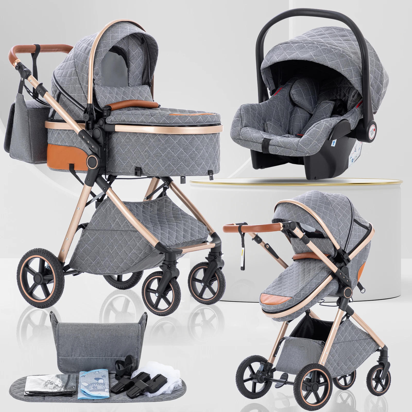 Baby Stroller 3 in 1 Portable Baby Carriage Folding Prams High Landscape Multifunction Pushchair Compact Folding Travel