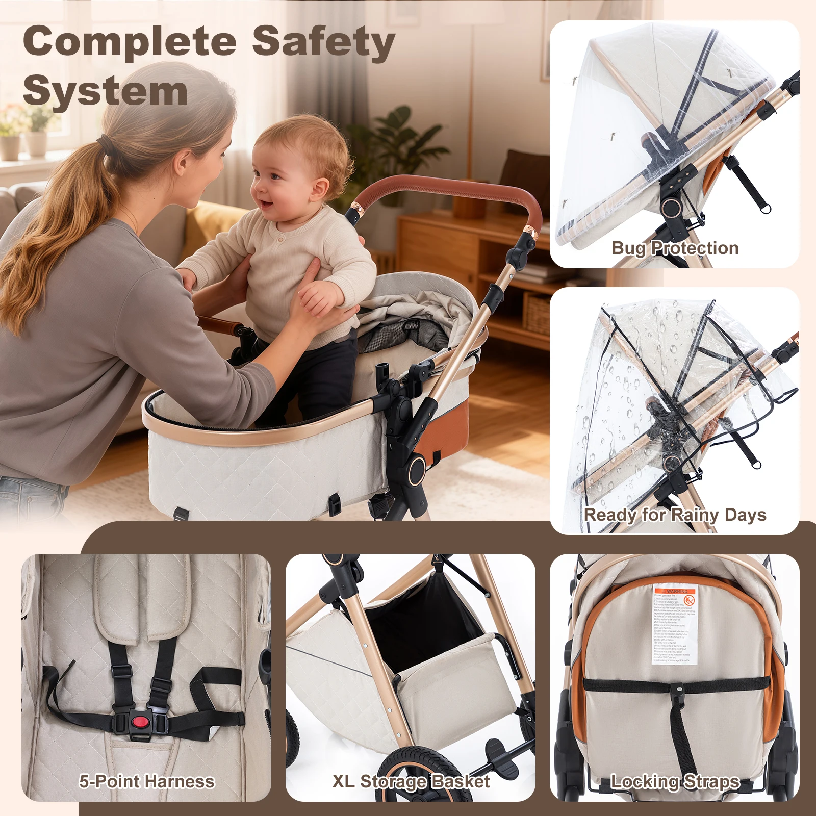 Baby Stroller 3 in 1 Portable Baby Carriage Folding Prams High Landscape Multifunction Pushchair Compact Folding Travel
