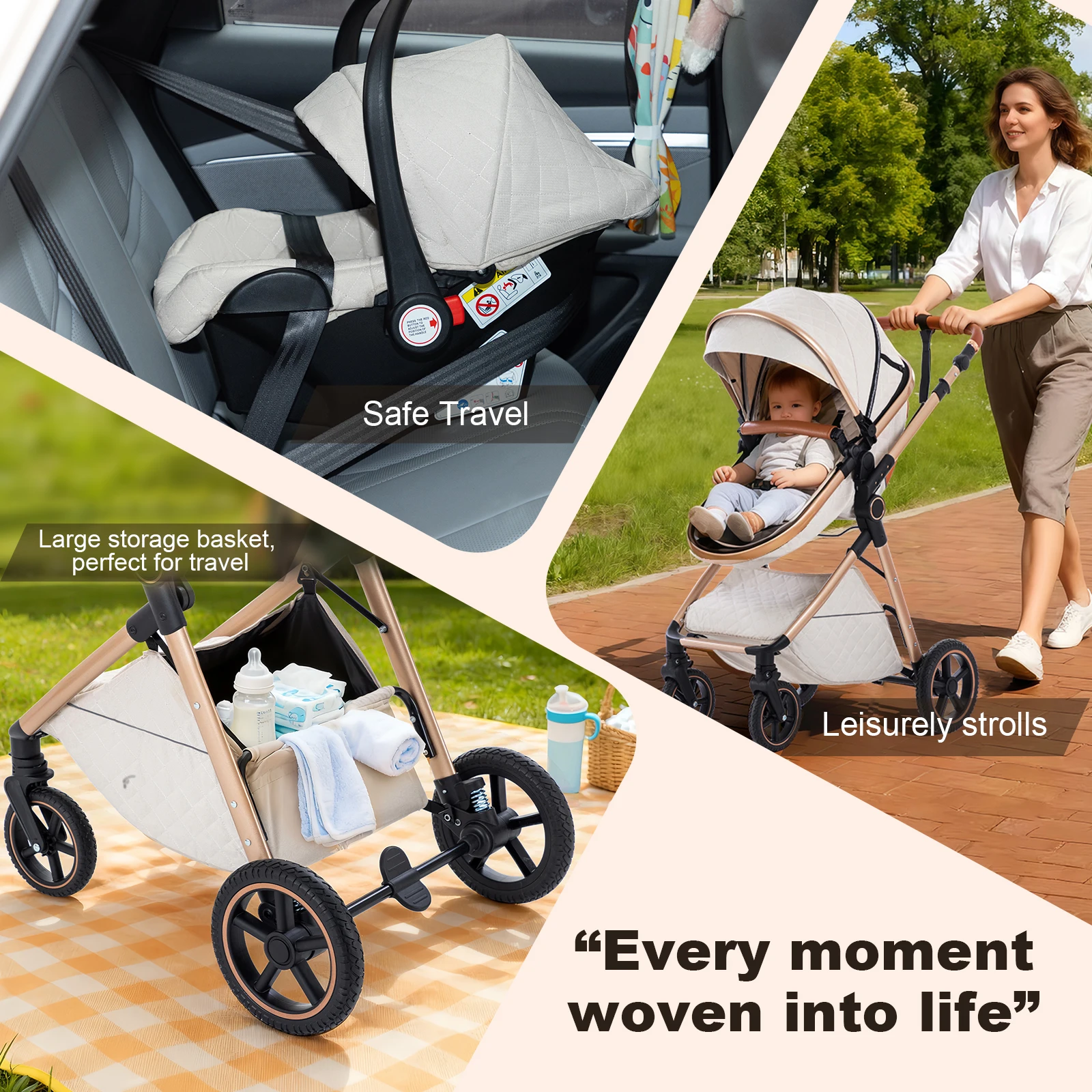 Baby Stroller 3 in 1 Portable Baby Carriage Folding Prams High Landscape Multifunction Pushchair Compact Folding Travel